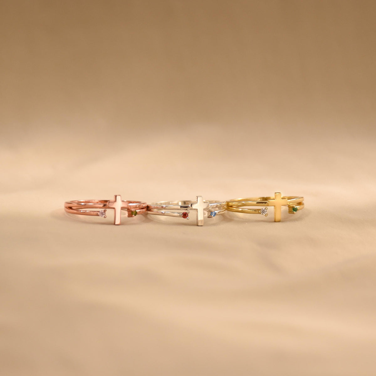 Personalized Cross Birthstone Ring for Women Mom Ring Best Friend Gift