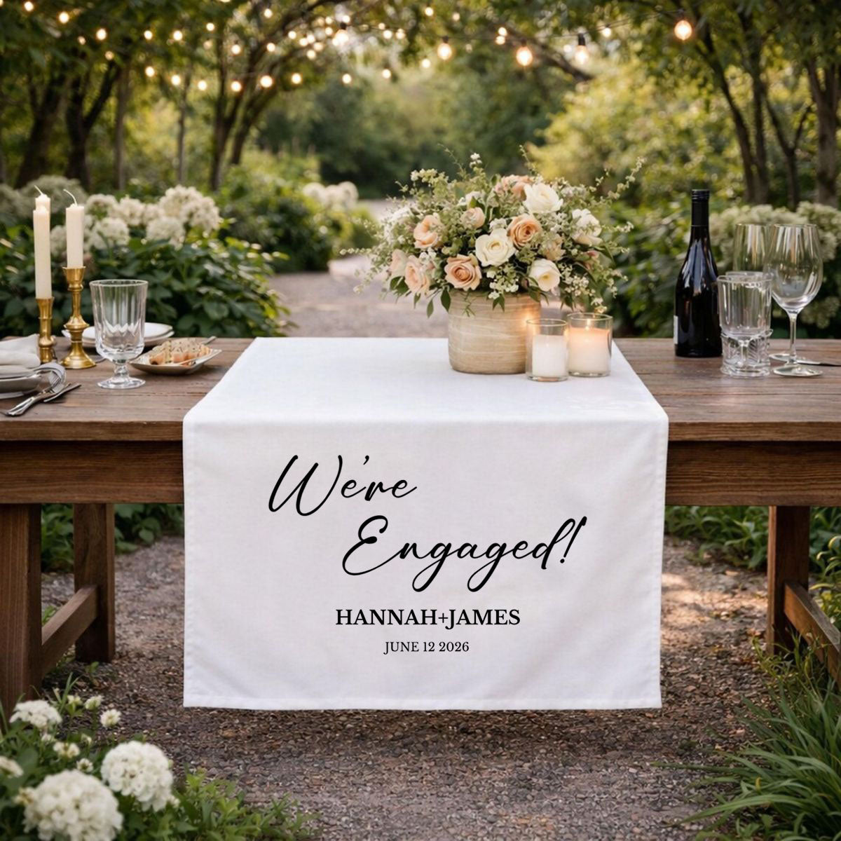 We’re Engaged - Personalized Wedding Table Runner, Rustic Cake Table Decoration Sign Gift