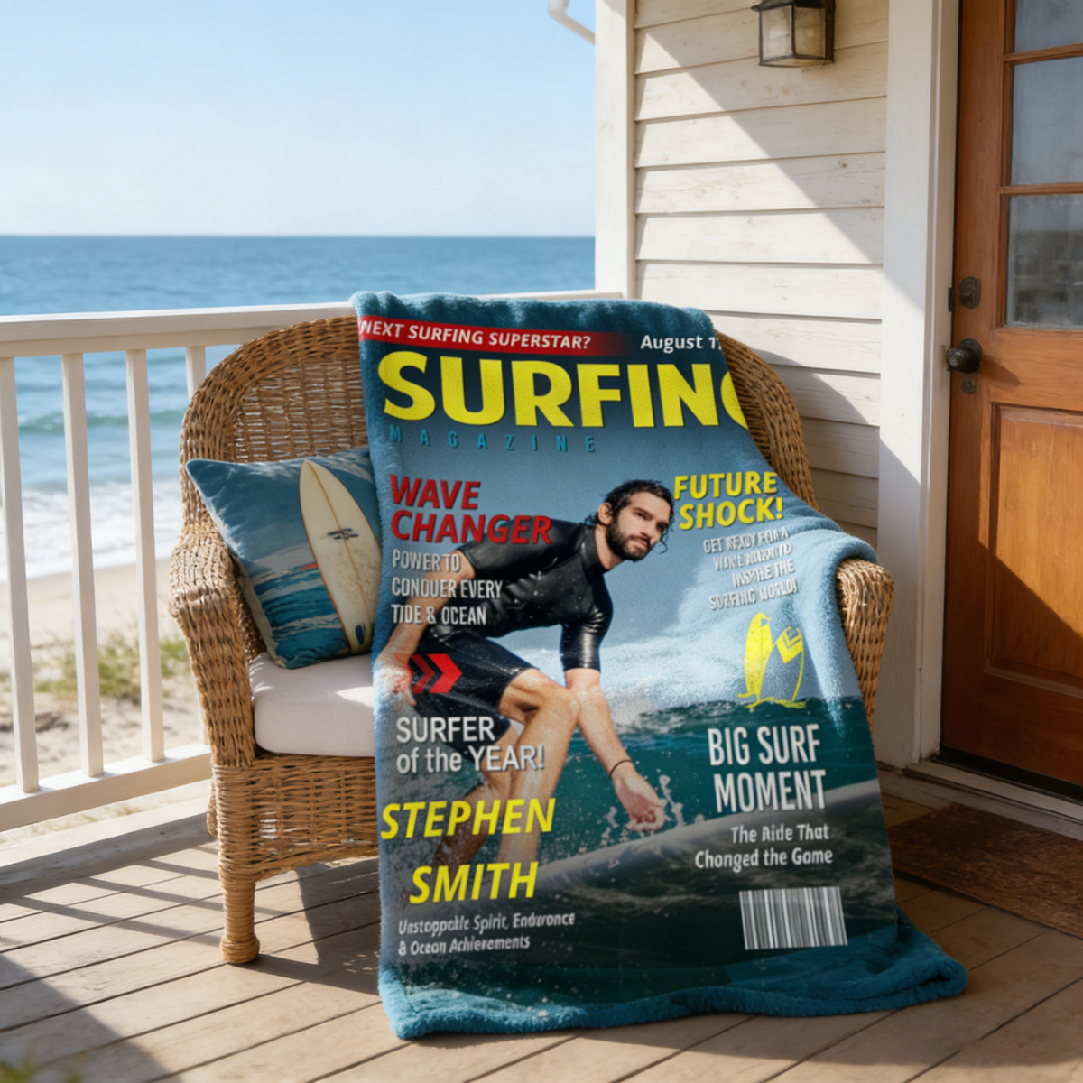 Personalized Surfing Photo Magazine Cover Blanket Gift For Surfers, Surfing Gift For Him