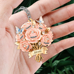 I Love You Mom - Personalized Mother Grandma Bouquet Shaped Keychain