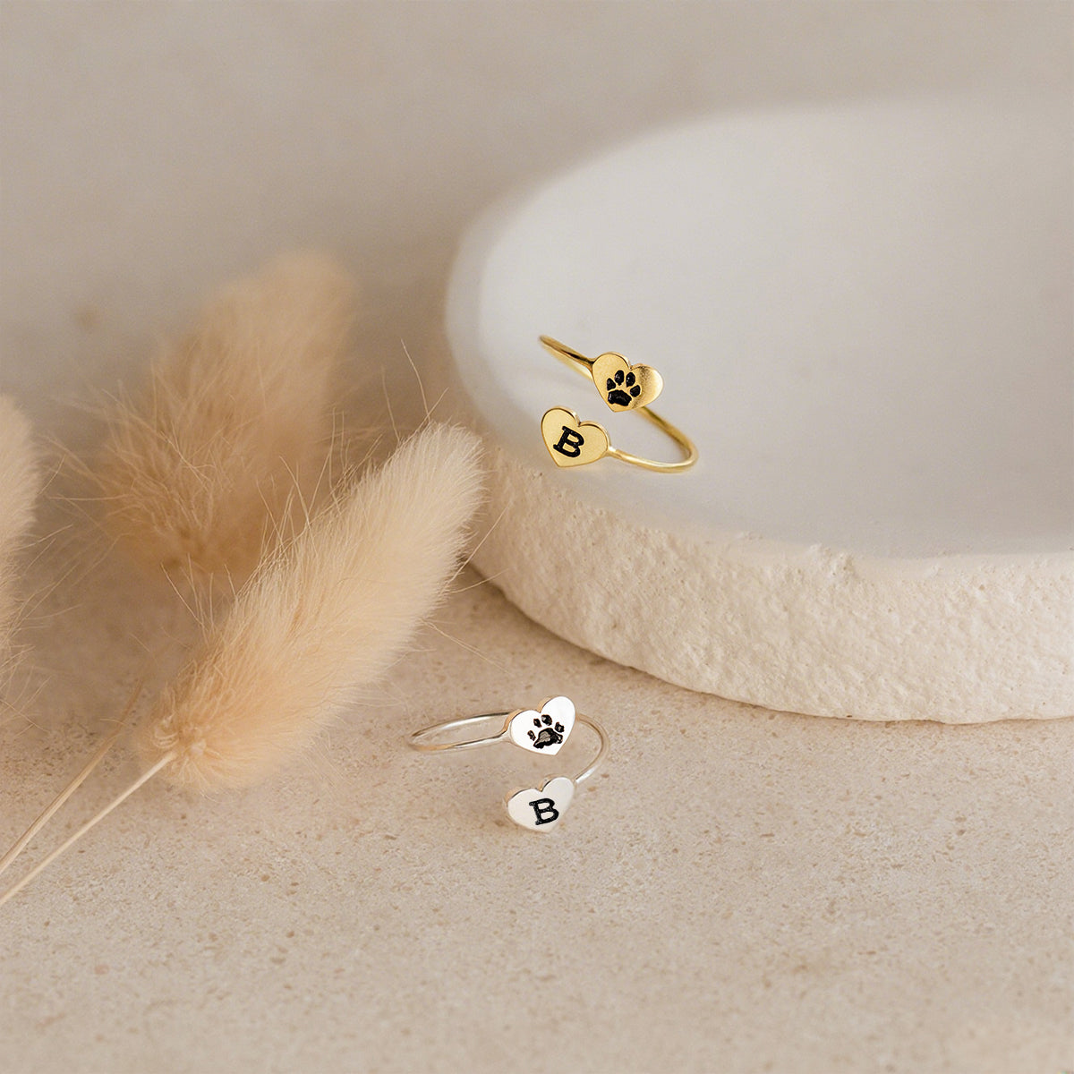 Personalized Double Heart Paw Fingerprint Ring Pet Lover Jewelry Gift