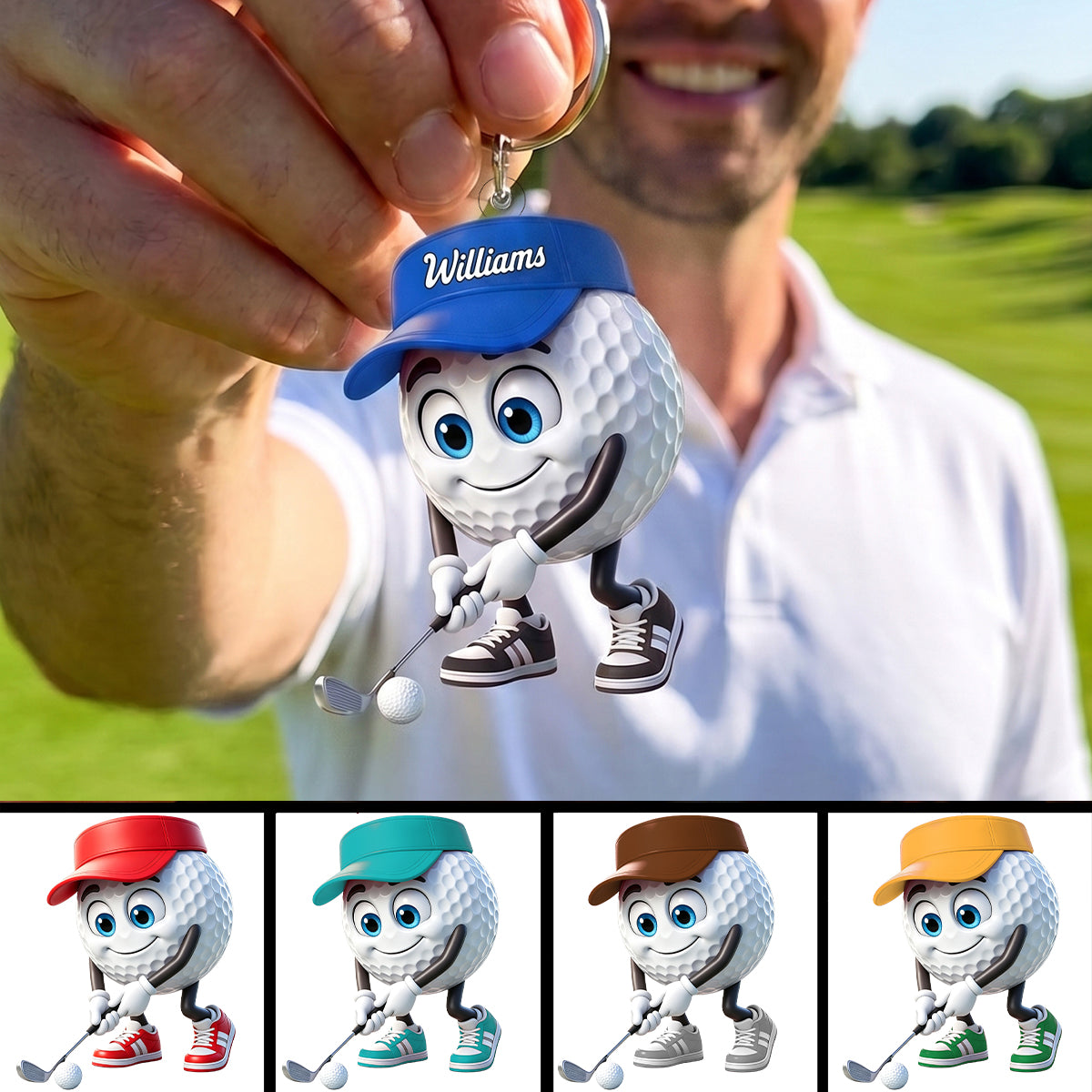 Personalized Smiling Golf Ball Mascot Keychain – Red Hat & Sneakers Golf Swing Character Accessory