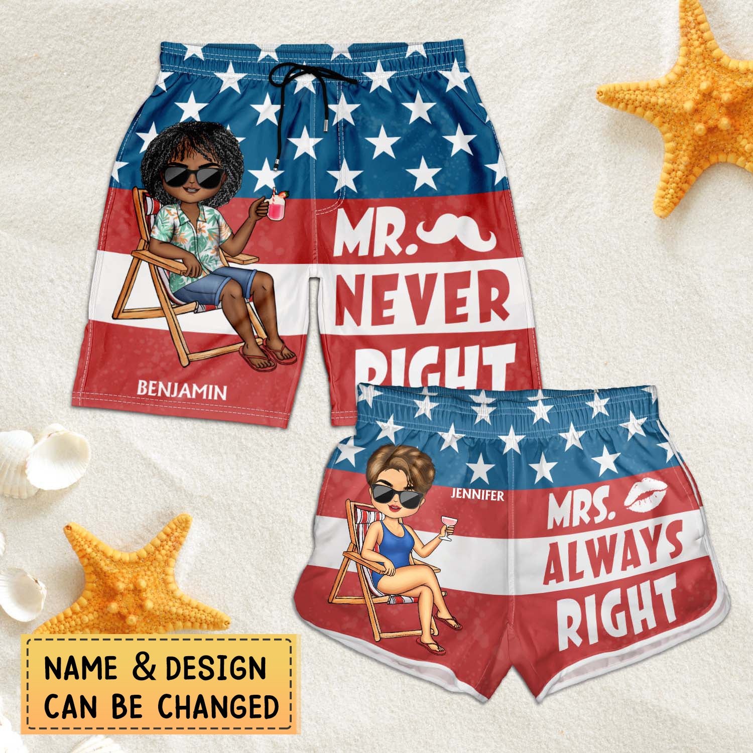 Stars And Stripes Mr Never Right Mrs Always Right - Gift For Couples, Spouse, Lover, Husband, Wife, Boyfriend, Girlfriend - Personalized Custom Couple Beach Shorts