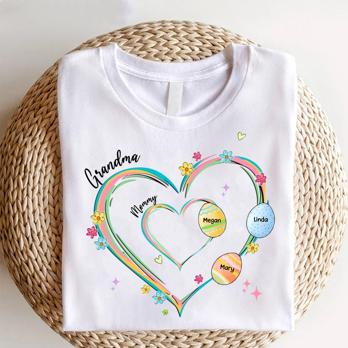 Heart Grandkid Name Easter Day - Personalized Pure Cotton T-Shirt Gift For Grandma Mom