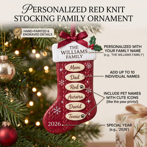 Personalized Red Knit Stocking Family Ornament – Custom Family Name, Year & 10 Names | Acrylic Custom Shape Keepsake