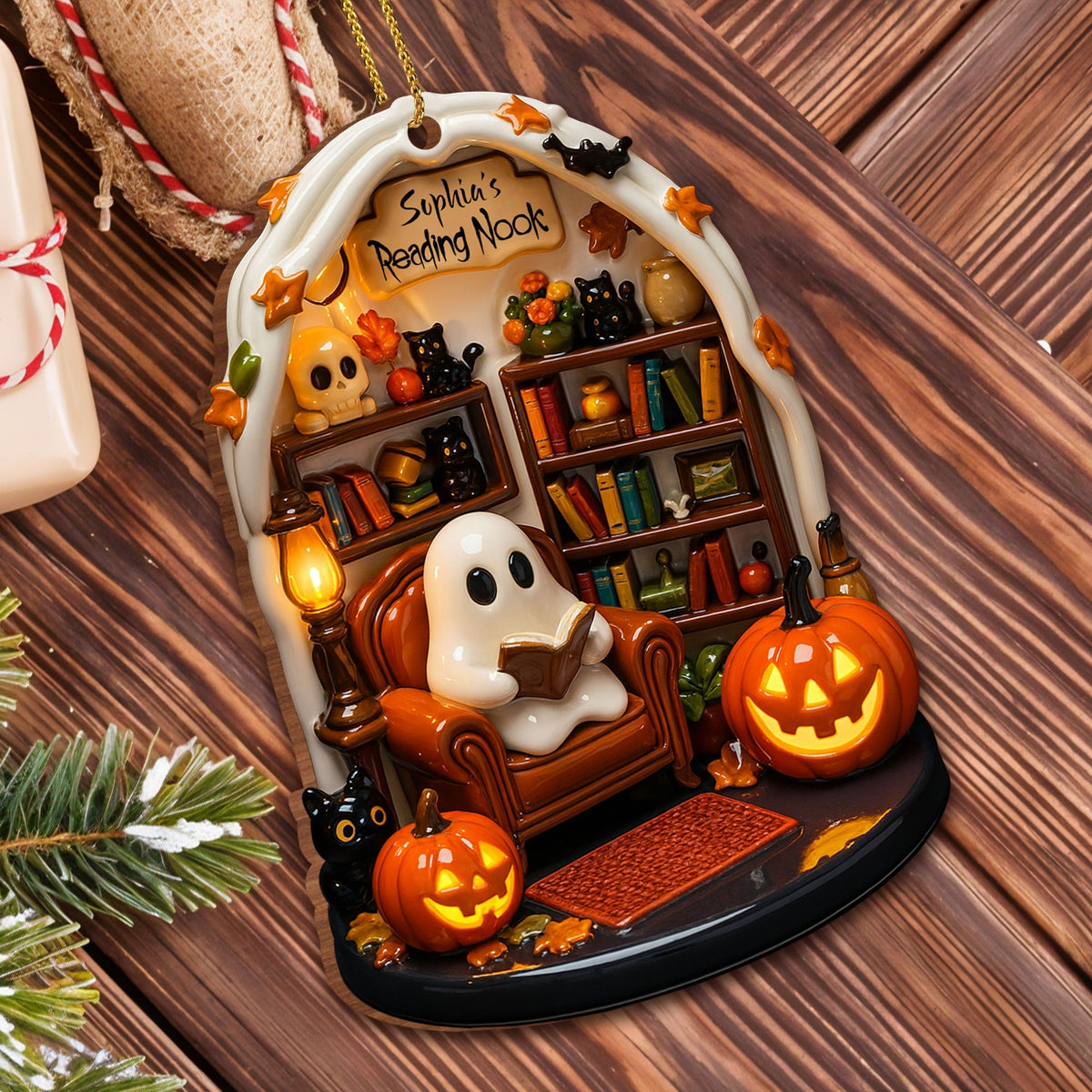 Create Your Own Personalized Reading Nook, Custom Wood Ornament Gift For Book and Halloween Lovers