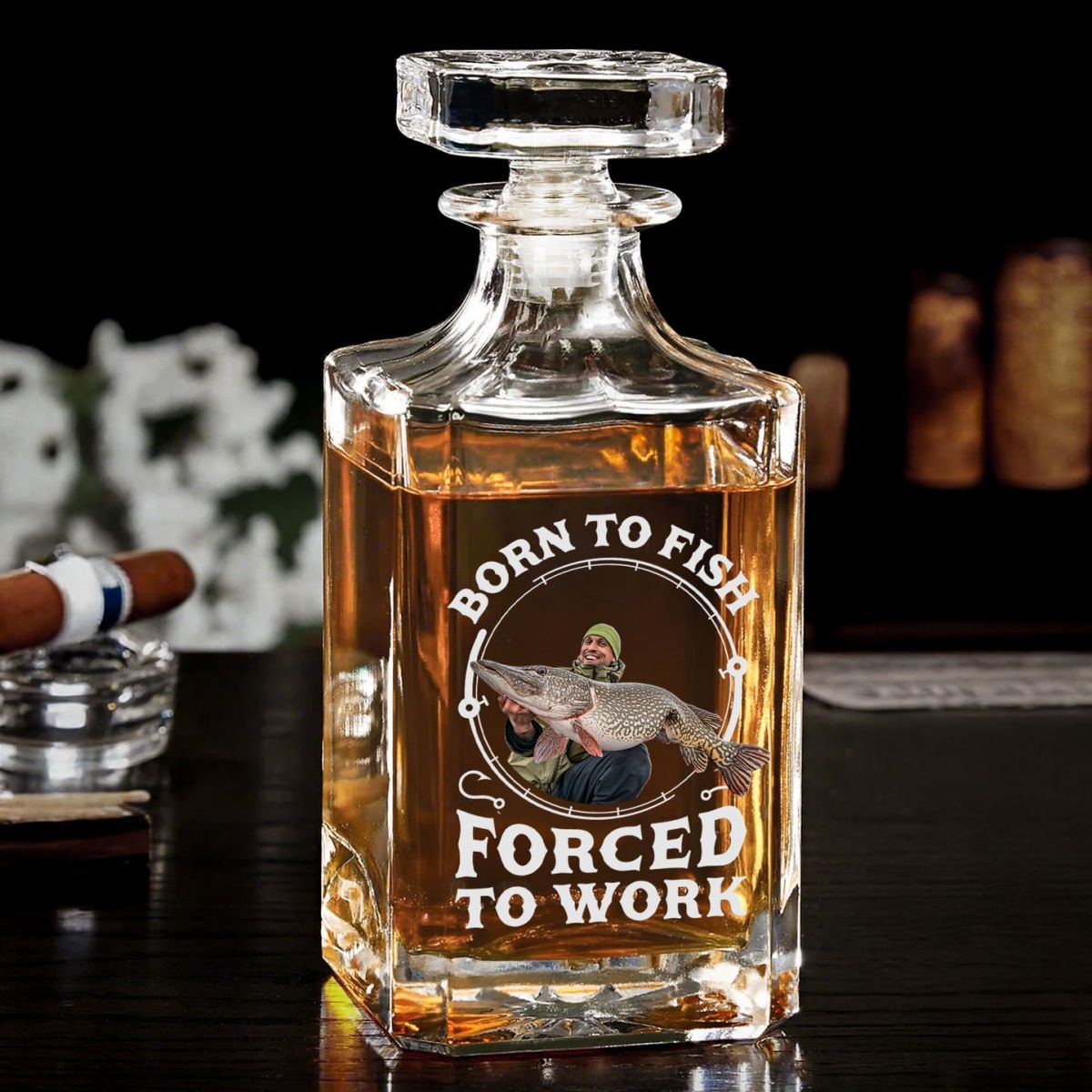 Born To Fish, Forced To Work - Personalized Whiskey Decanter Fishing Gifts For Men, Husband, Dad