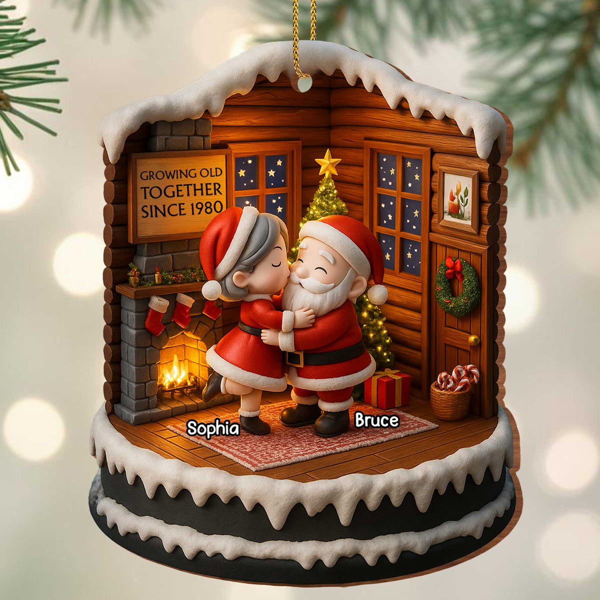 Growing Old Together Since, Personalized Custom Wood Ornament, Santa Claus And Christmas Tree