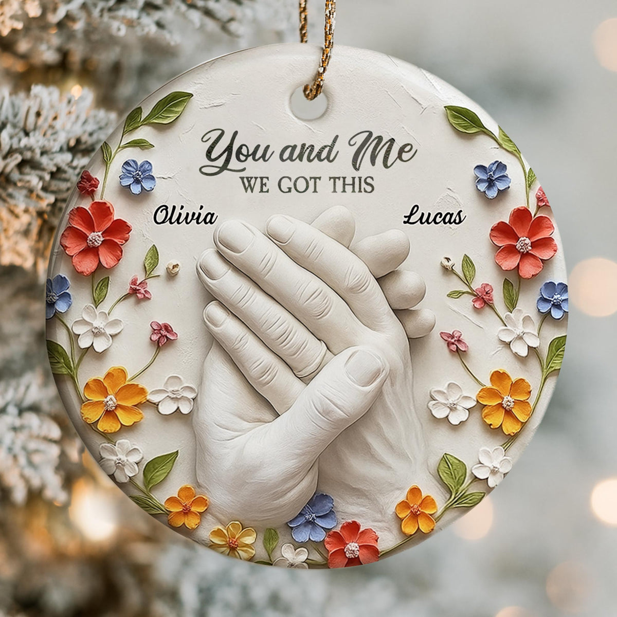 Clasped Hands And Flowers, Personalized Ceramic Ornament, Gift For Couples And Partners