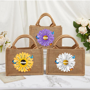 Personalized Grandma/Mom With Kids Name Flower Jute Tote Bag