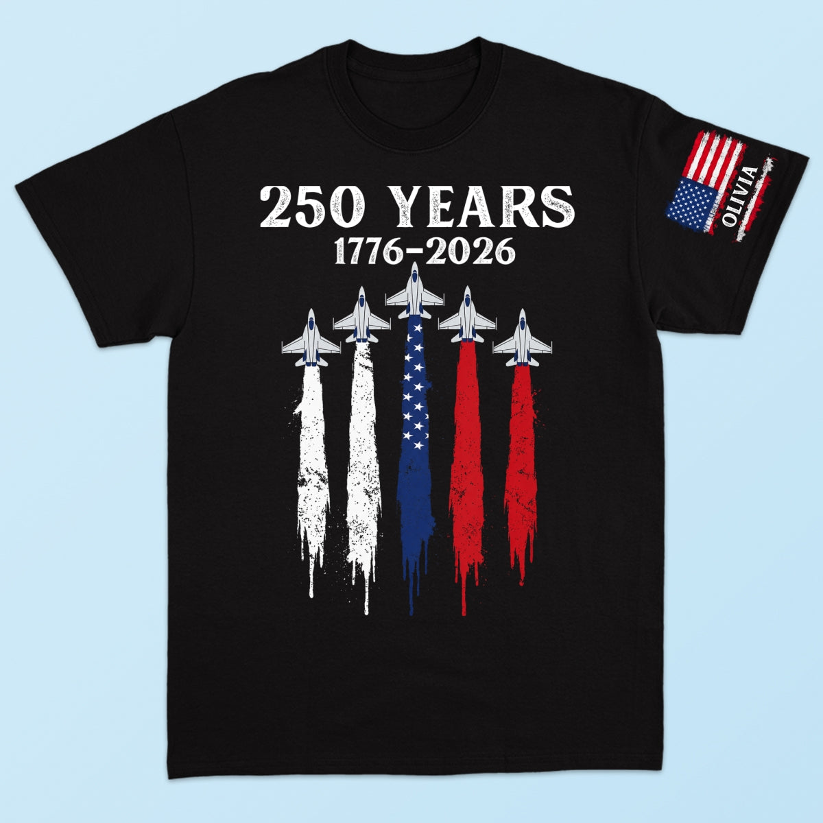 America 250th Anniversary Patriotic Jet Fighter 1776 - 2026 - Personalized Sleeve Printed Shirt - Family Matching Shirt, Patriotic Crew Shirt
