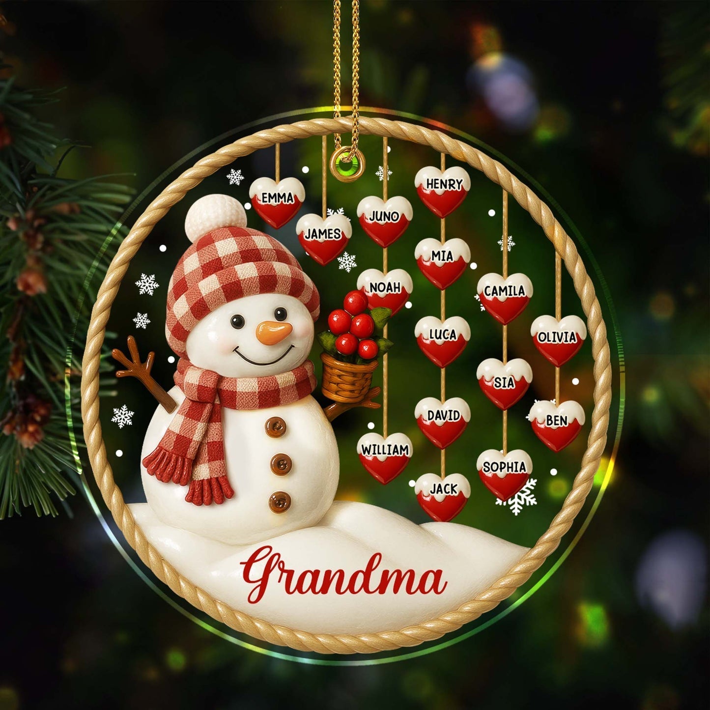 Snowman and Hearts Personalized Acrylic Ornament For Family