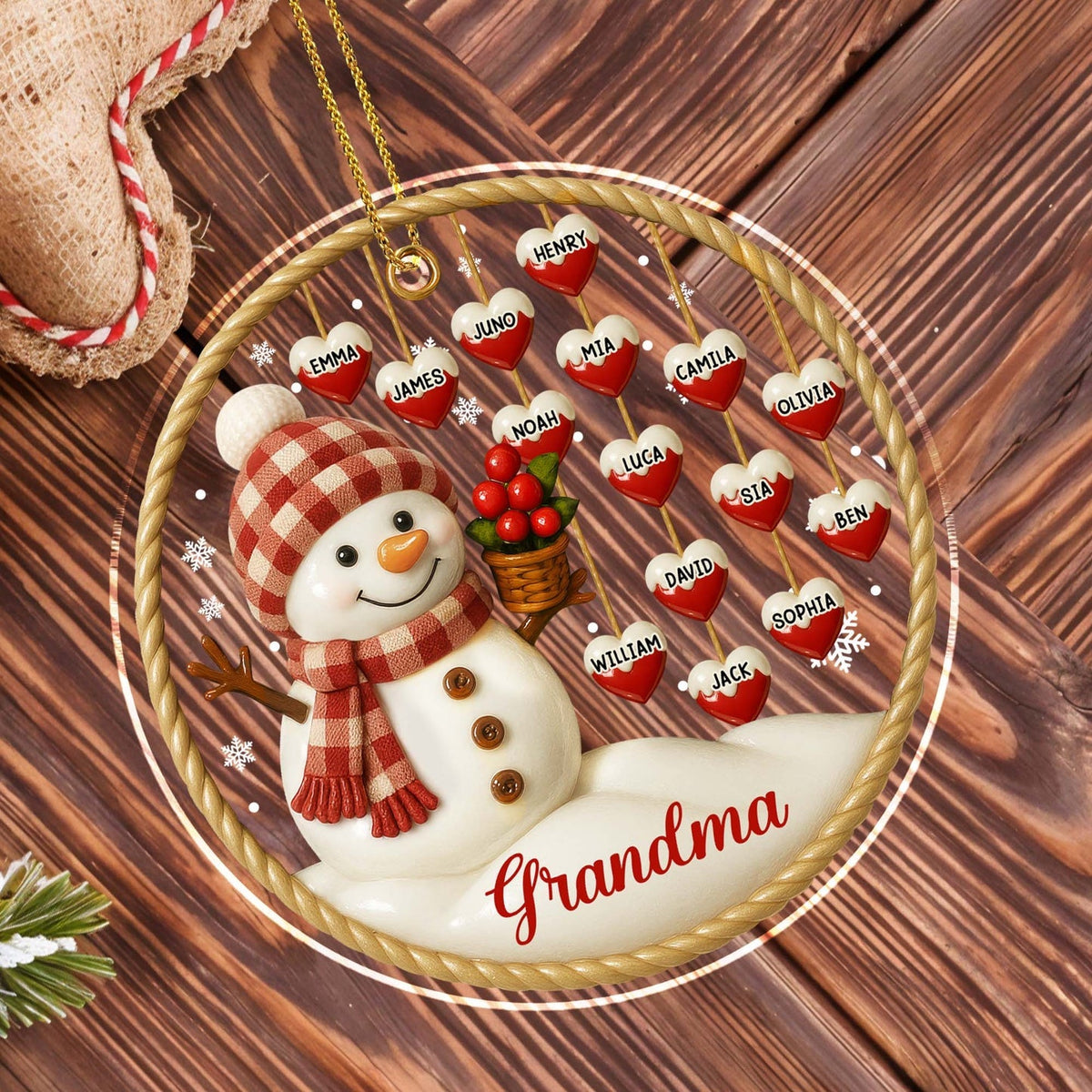 Snowman and Hearts Personalized Acrylic Ornament For Family