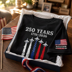 America 250th Anniversary Patriotic Jet Fighter 1776 - 2026 - Personalized Sleeve Printed Shirt - Family Matching Shirt, Patriotic Crew Shirt