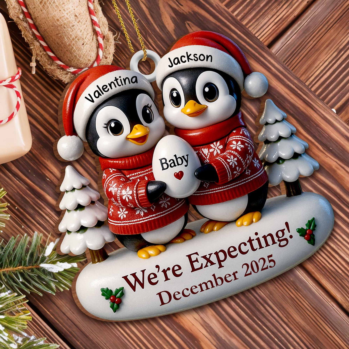 We're Expecting December With Penguins And Christmas Trees, Personalized Custom Wood Ornament