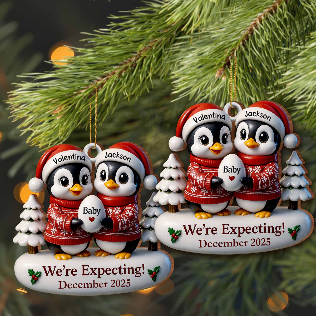 We're Expecting December With Penguins And Christmas Trees, Personalized Custom Wood Ornament