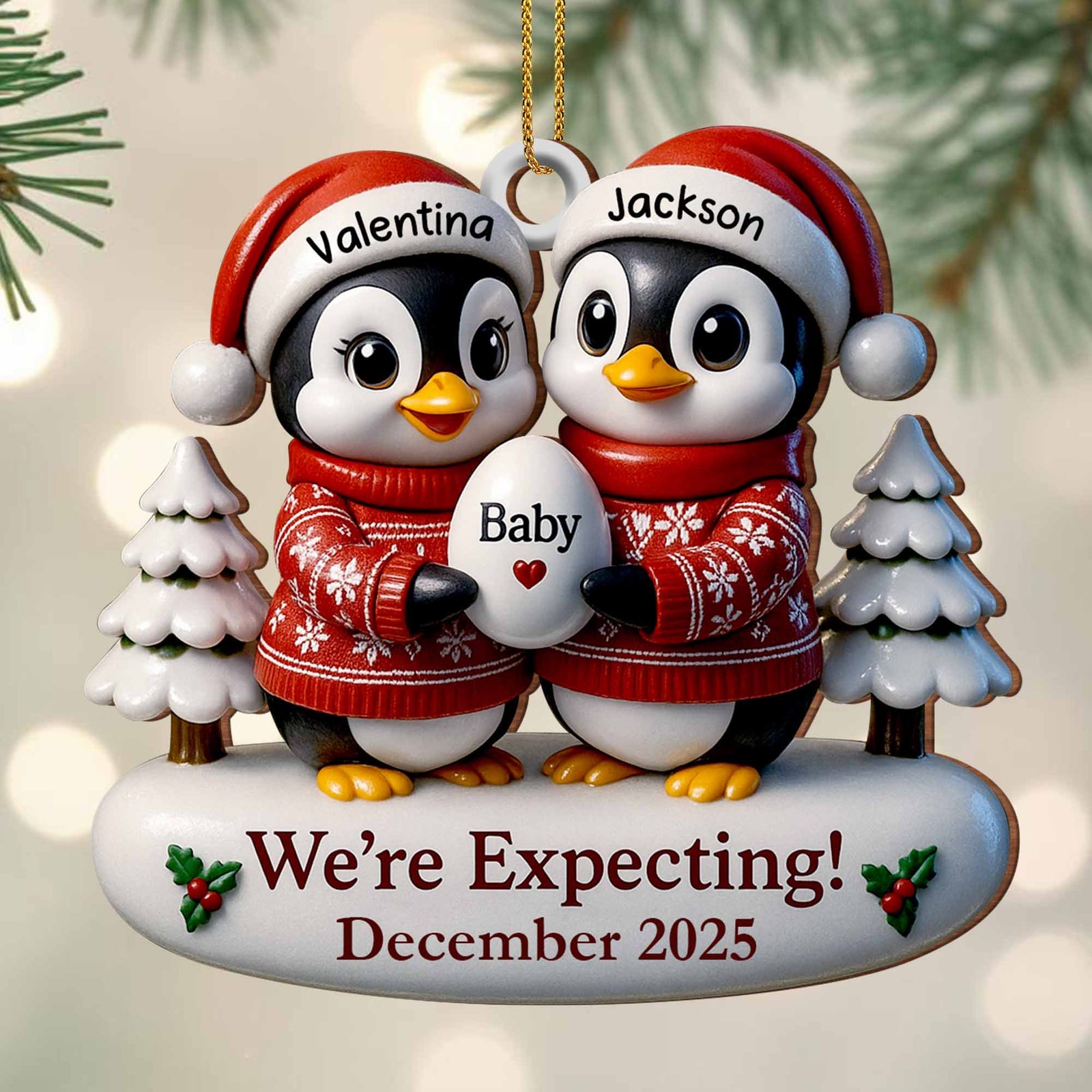 We're Expecting December With Penguins And Christmas Trees, Personalized Custom Wood Ornament