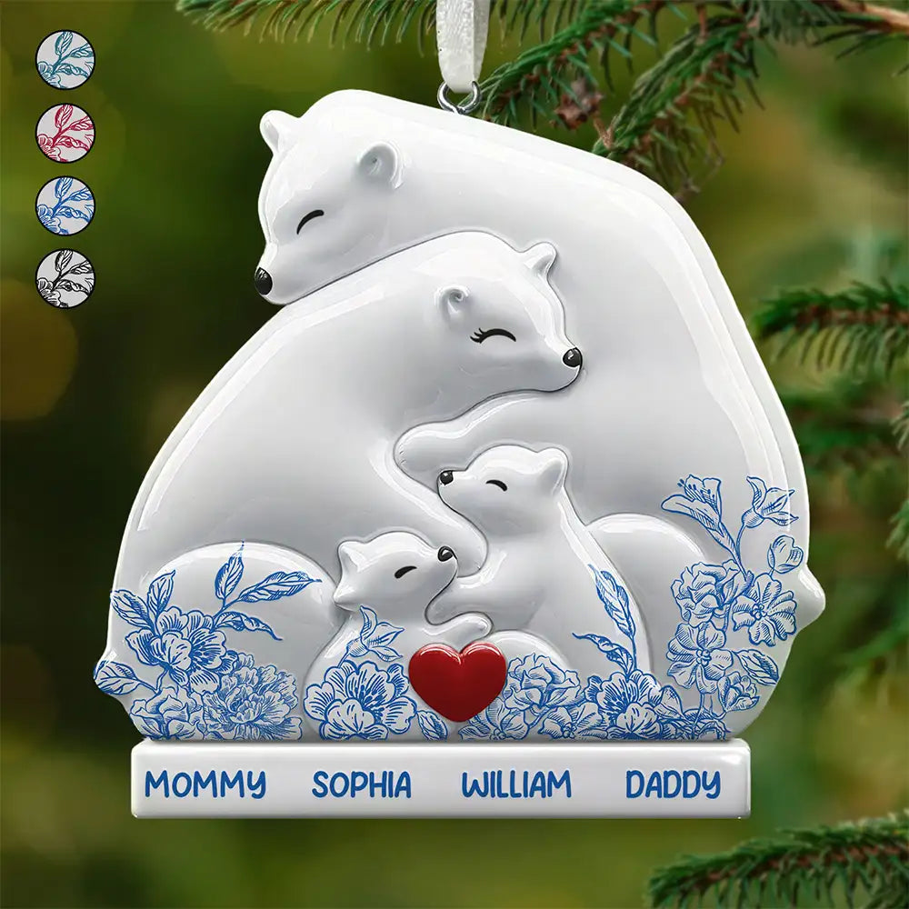Hugging Bear Family Toile De Jouy Art - Personalized Embossed Ceramic Ornament