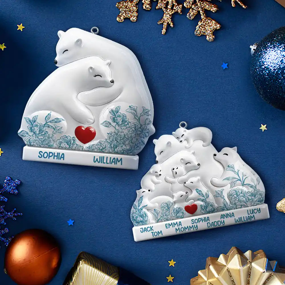 Hugging Bear Family Toile De Jouy Art - Personalized Embossed Ceramic Ornament