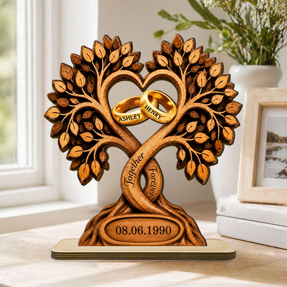 Forever Love Couple Rings In Tree Canopy - Personalized Wooden Plaque - Anniversary Gift, Wedding Gift For Couple