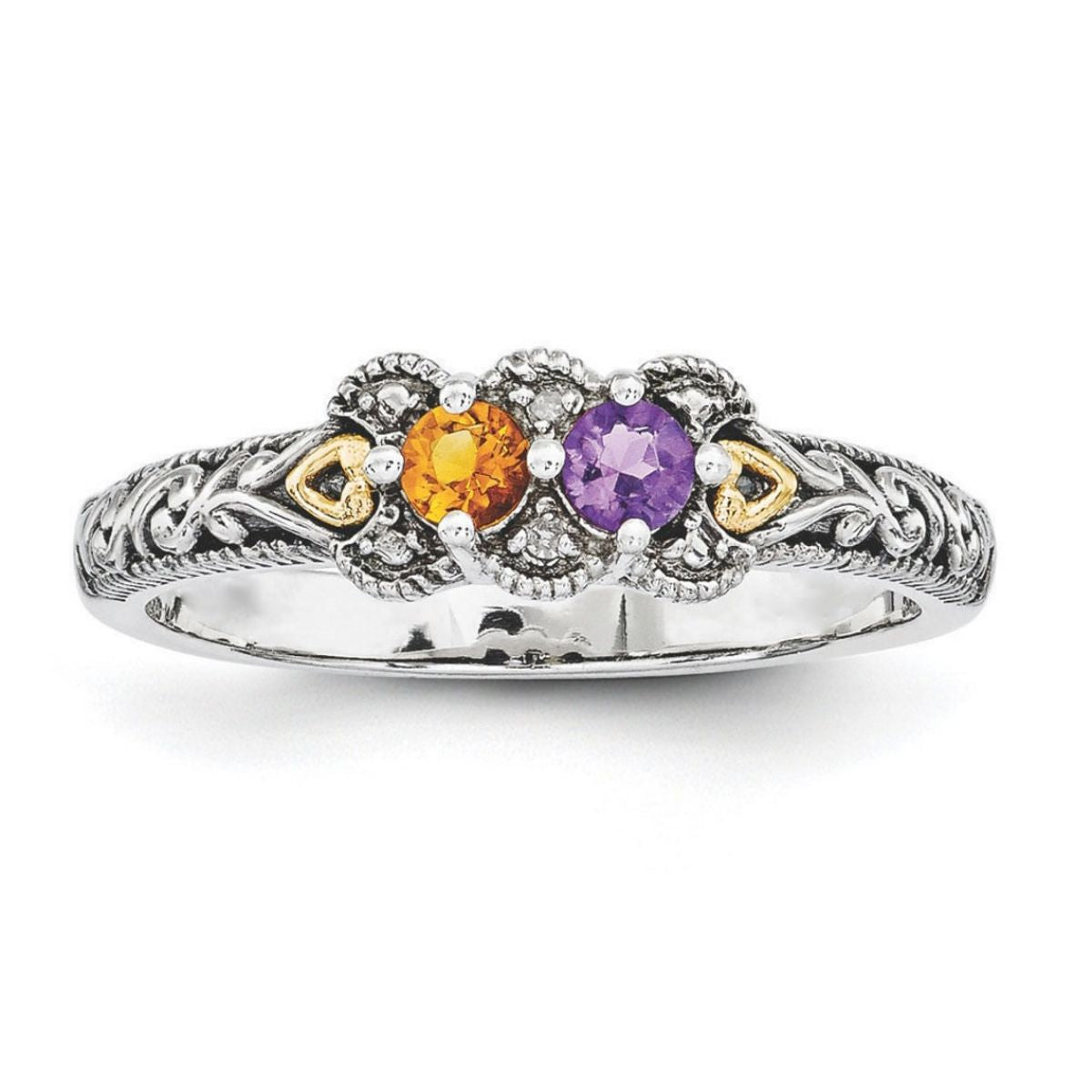 Personalized Antiqued Diamond accent Mother's Birthstone Ring 2 - 5 Stones