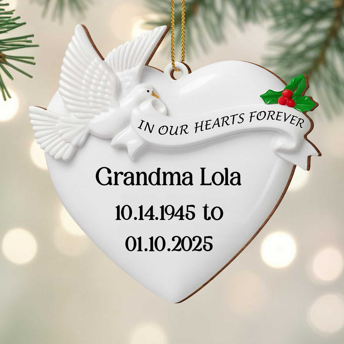 In Our Hearts Forever Heart and Dove Ornament, Custom Wood Ornament, Gift for Family