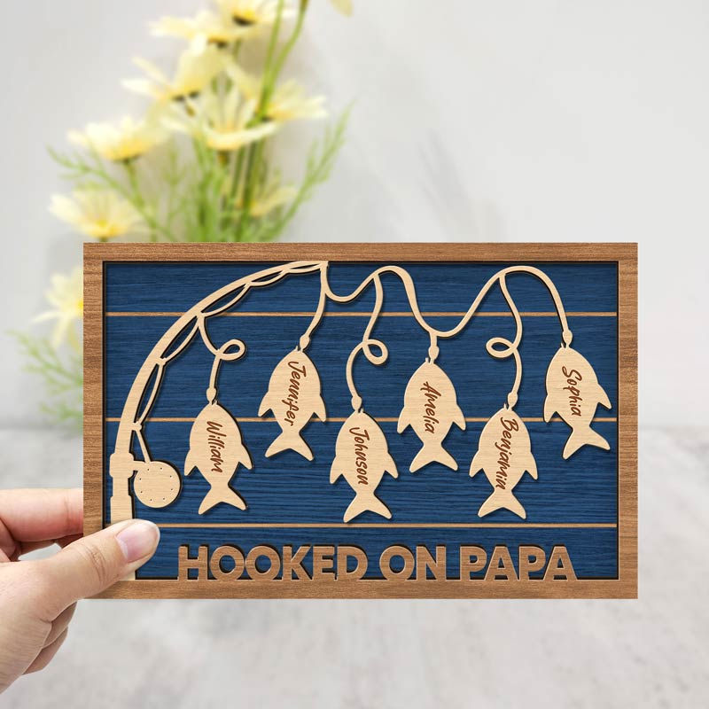 Hooked On Dad Grandpa - Personalized 2-Layered Wooden Plaque With Stand Gift For Father, Grandfather