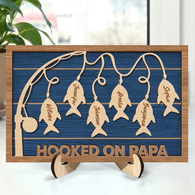 Hooked On Dad Grandpa - Personalized 2-Layered Wooden Plaque With Stand Gift For Father, Grandfather