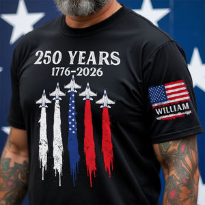 America 250th Anniversary Patriotic Jet Fighter 1776 - 2026 - Personalized Sleeve Printed Shirt - Family Matching Shirt, Patriotic Crew Shirt