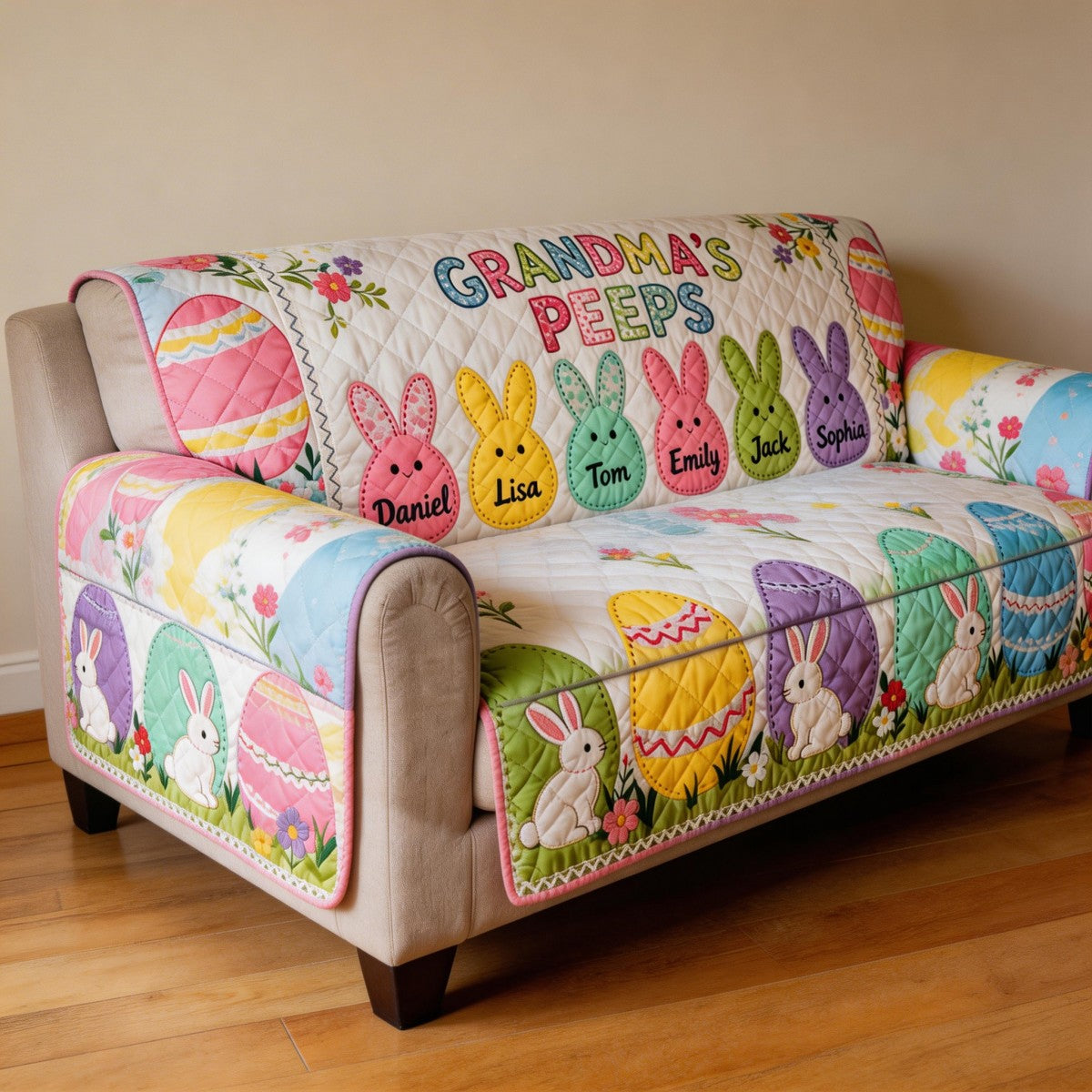 Grandma's Bunny Quilted Sofa Cover - Personalized Gifts For Grandma