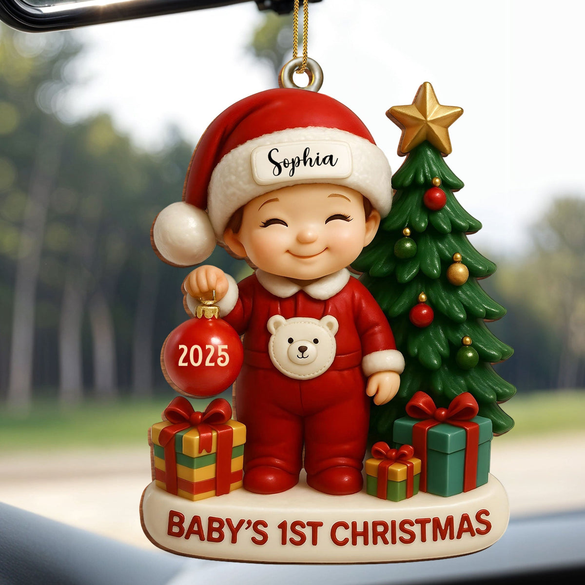 Baby’s 1st Christmas With Tree and Gifts, Personalized Custom Wood Ornament
