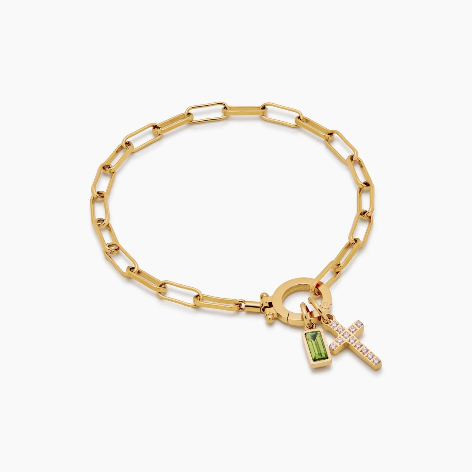 PERSONALIZED BIRTHSTONE PAPERCLIP CROSS CHARM BRACELET