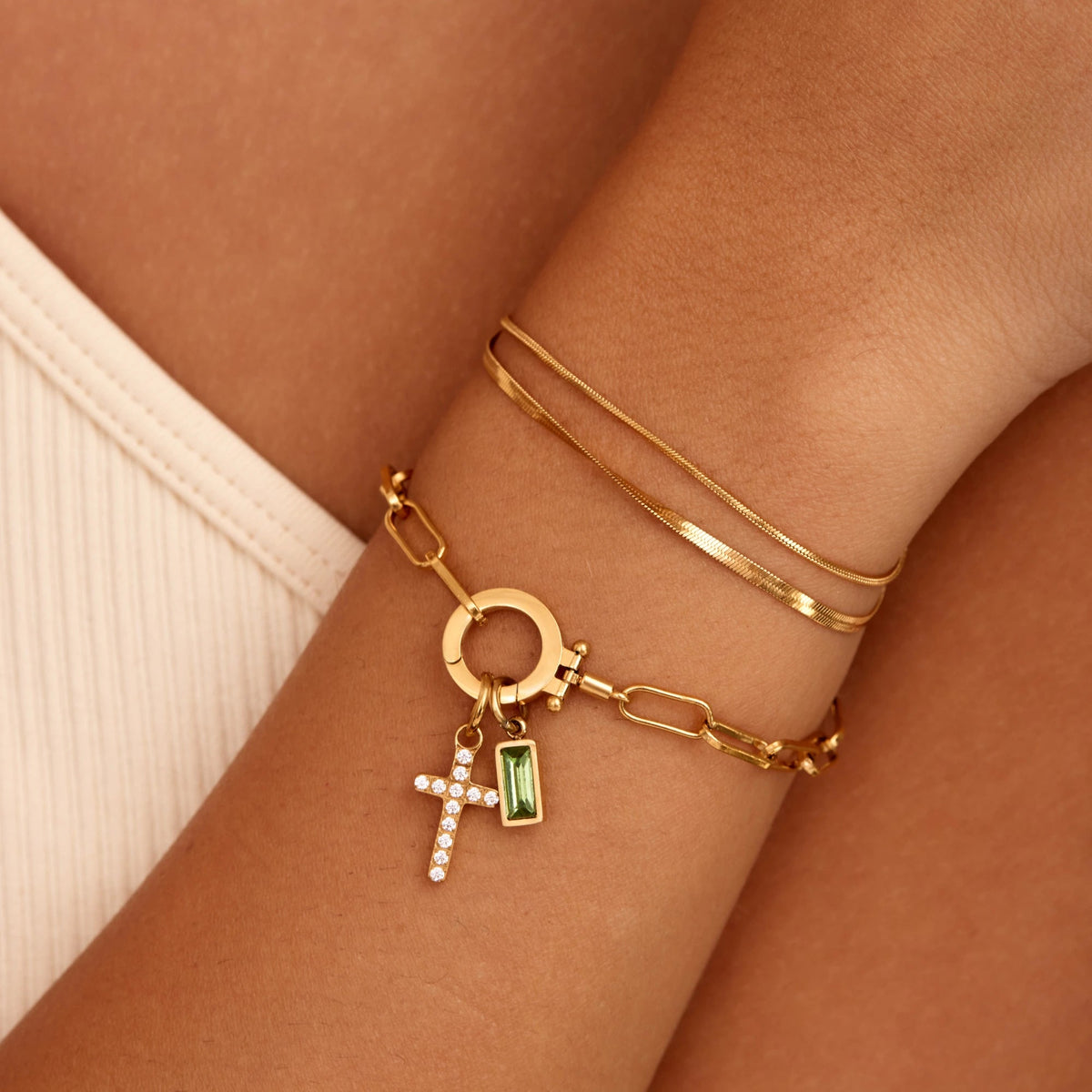 PERSONALIZED BIRTHSTONE PAPERCLIP CROSS CHARM BRACELET