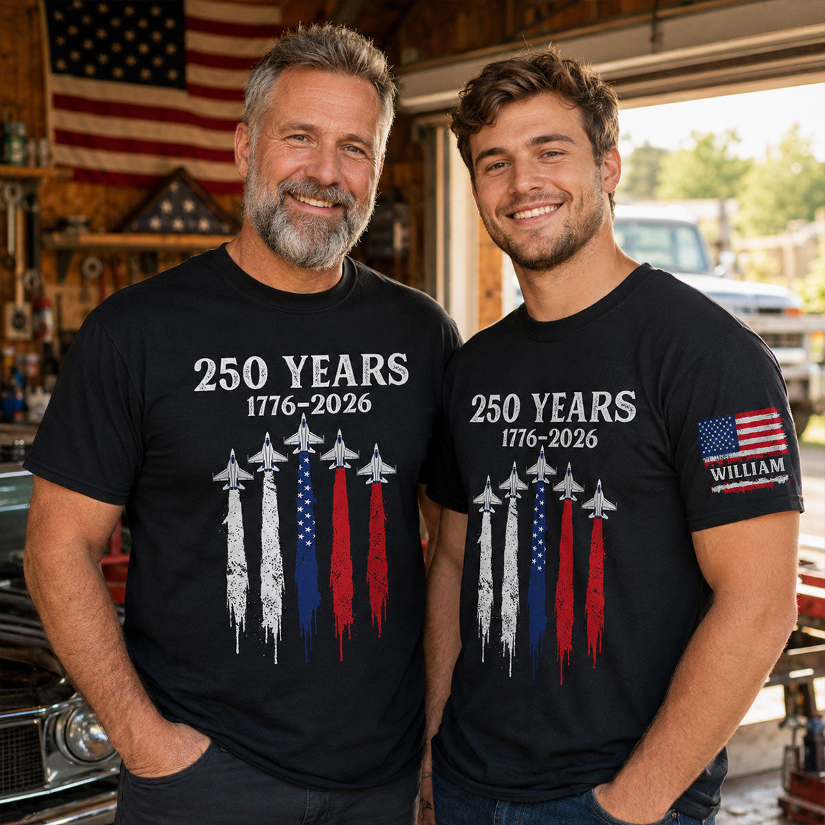 America 250th Anniversary Patriotic Jet Fighter 1776 - 2026 - Personalized Sleeve Printed Shirt - Family Matching Shirt, Patriotic Crew Shirt