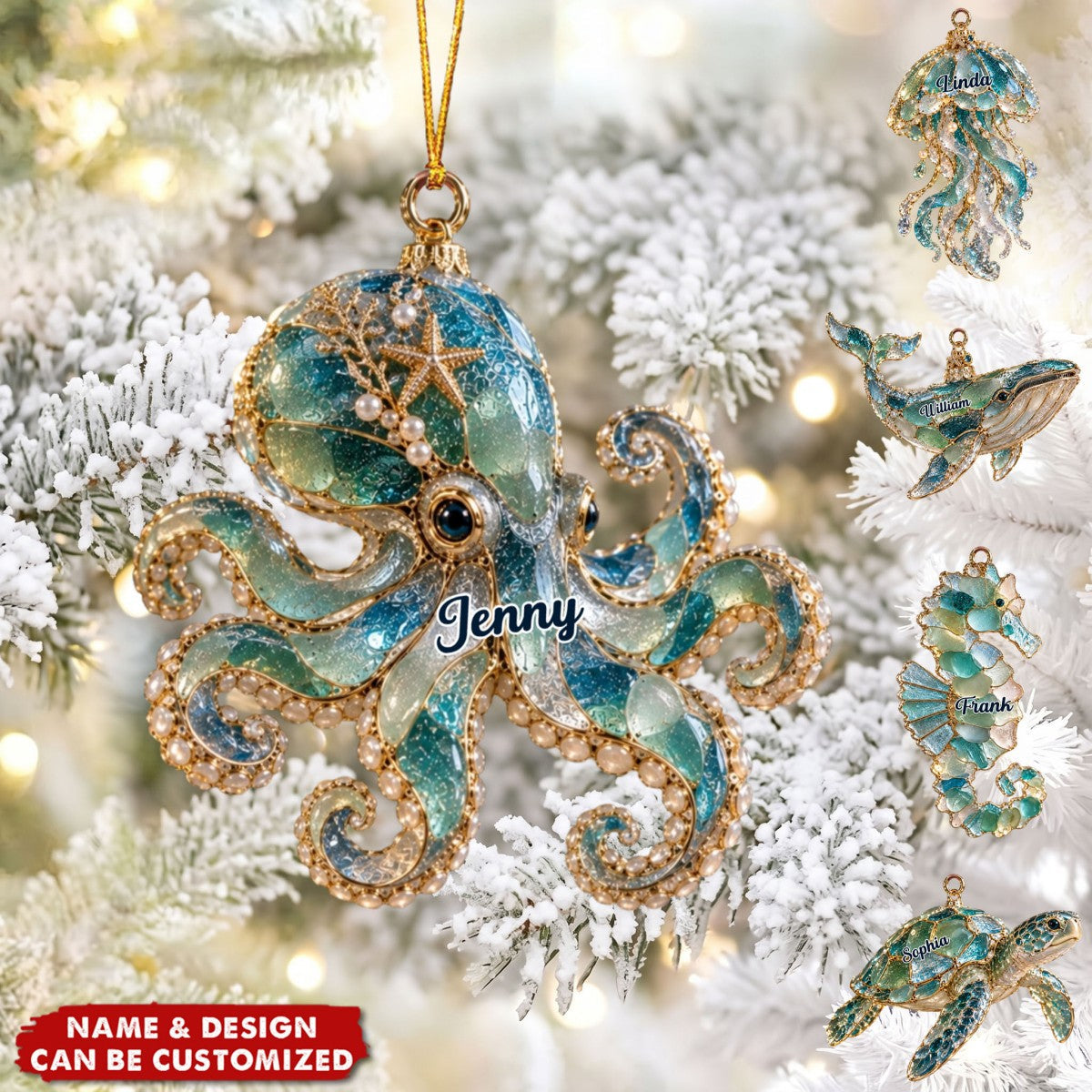 Personalized Sea Glass–Inspired Ocean Christmas Ornament – Custom Coastal Keepsake | 6 Marine Animal Designs | Gift For Ocean Lovers