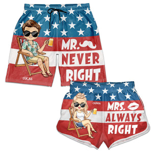 Stars And Stripes Mr Never Right Mrs Always Right - Gift For Couples, Spouse, Lover, Husband, Wife, Boyfriend, Girlfriend - Personalized Custom Couple Beach Shorts