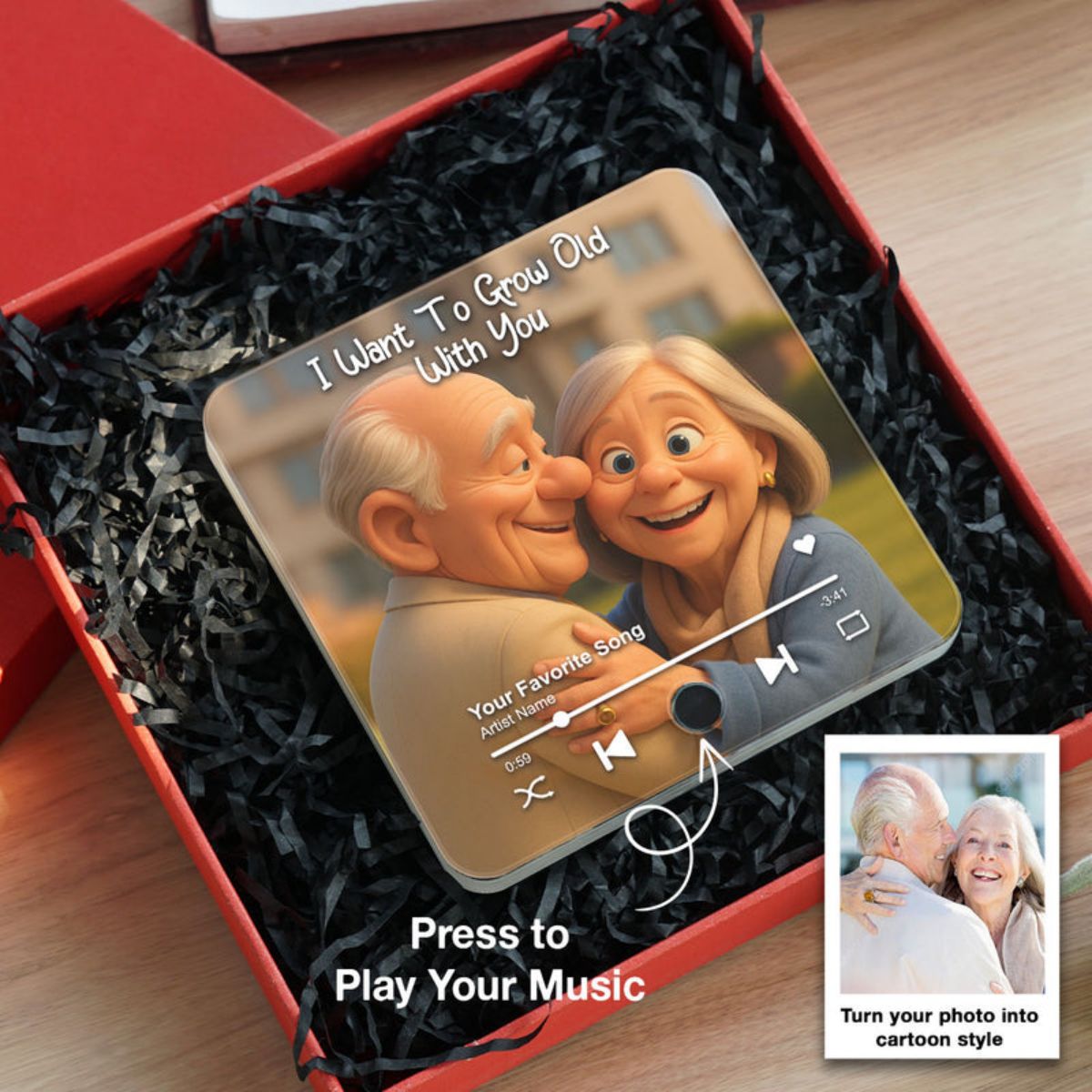 I Want to Grow Old with You Cartoon Couple Personalized Music Fridge Magnet, Heartfelt 2025 Gift, Anniversary Gift For Couple, For Him, For Her, Husband, Wife