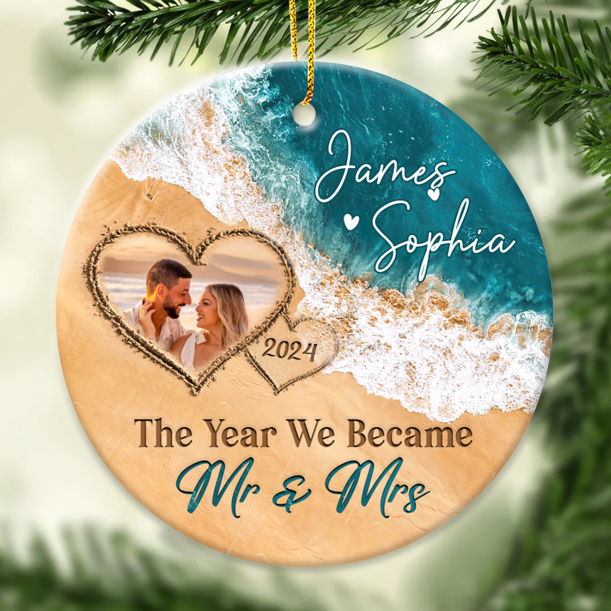 The Year We Became Mr & Mrs – Personalized Beach Christmas Ceramic Ornament Gift For Couple