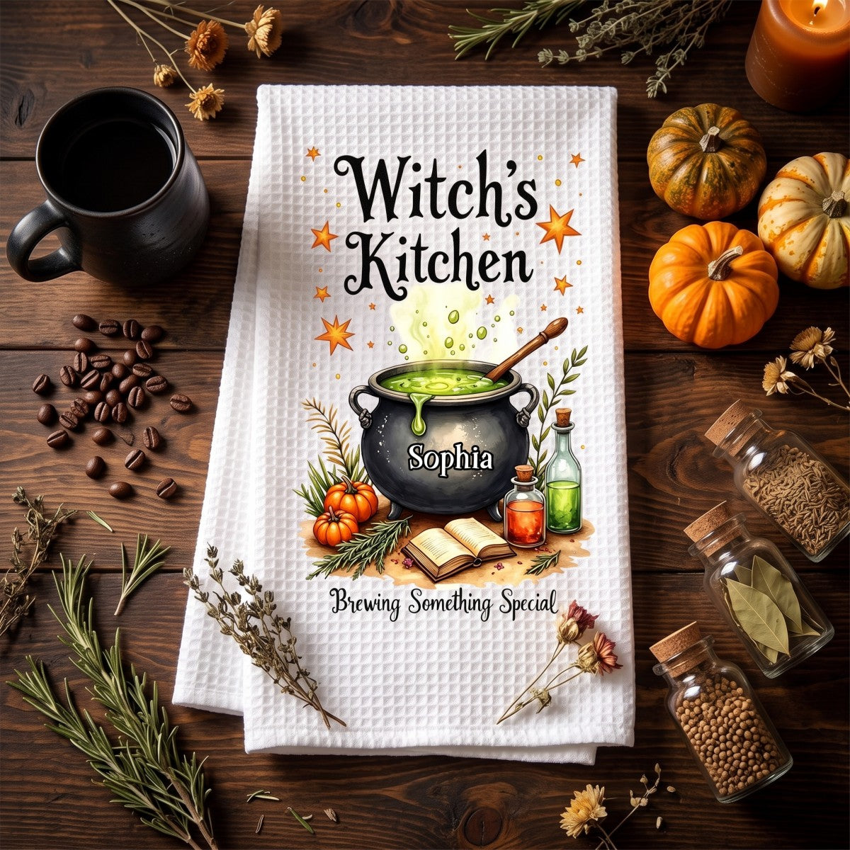 Personalized "Witch's Kitchen" Halloween Kitchen Towel – Brewing Something Special | Fall Witch Decor & Spooky Cauldron Tea Towel