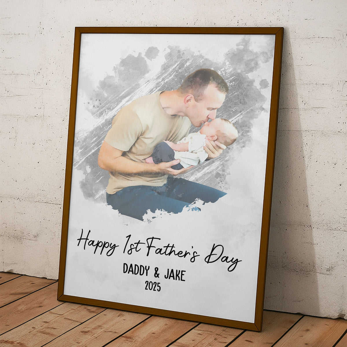 Happy 1st Father's Day - Watercolor Style Personalized Photo Poster/Canvas