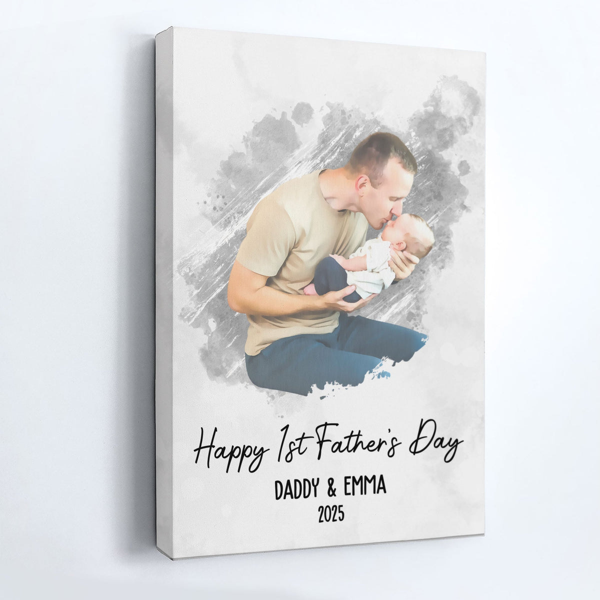 Happy 1st Father's Day - Watercolor Style Personalized Photo Poster/Canvas