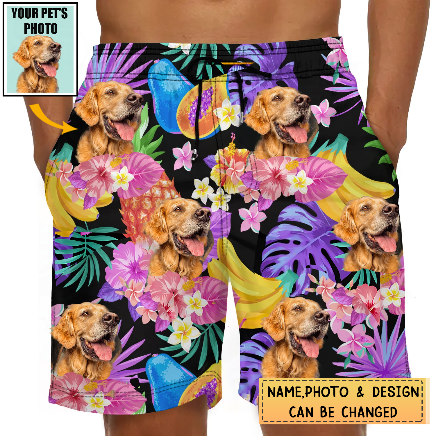 Custom Photo Funny Family Pet Face Black Colorful Tropical - Funny Gift For Pet Lovers- Personalized Unisex Beach Shorts
