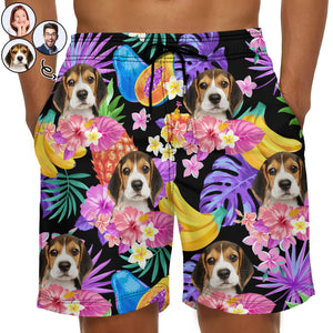 Custom Photo Funny Family Pet Face Black Colorful Tropical - Funny Gift For Pet Lovers- Personalized Unisex Beach Shorts