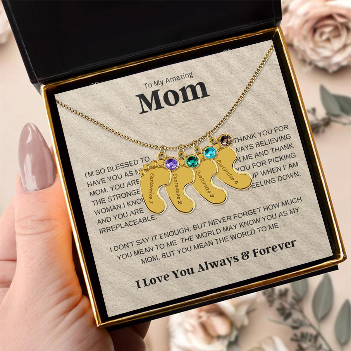 Personalized Baby Feet Necklace with Birthstone For Mom