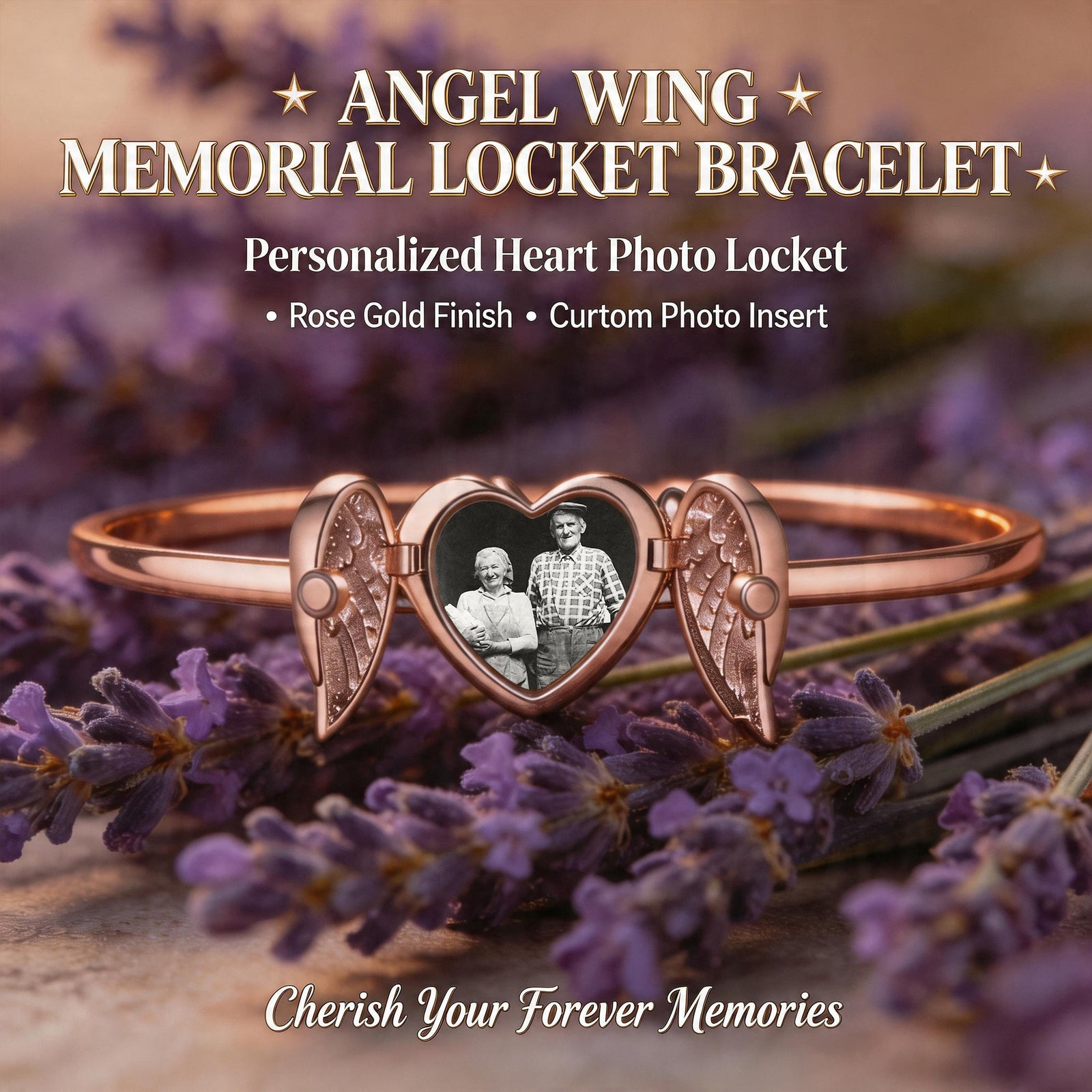Personalized Heart Shape Zircon Angel Wing Photo Locket Bracelet Anniversary Birthday Memorial Gift for Wife Mother Grandma
