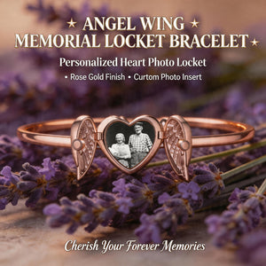 Personalized Heart Shape Zircon Angel Wing Photo Locket Bracelet Anniversary Birthday Memorial Gift for Wife Mother Grandma