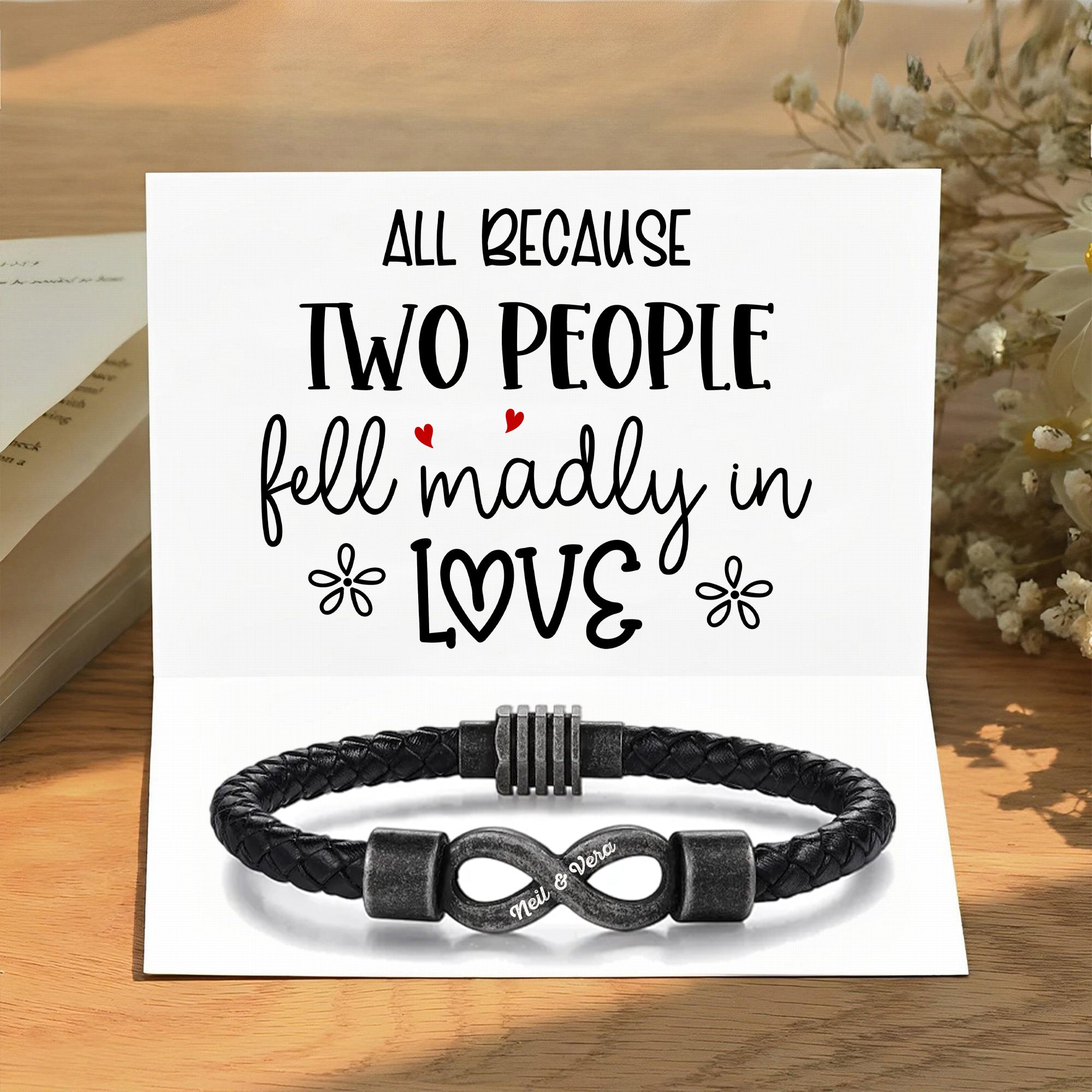 All because two people fell madly in love-Personalized Couple names Leather Bracelet