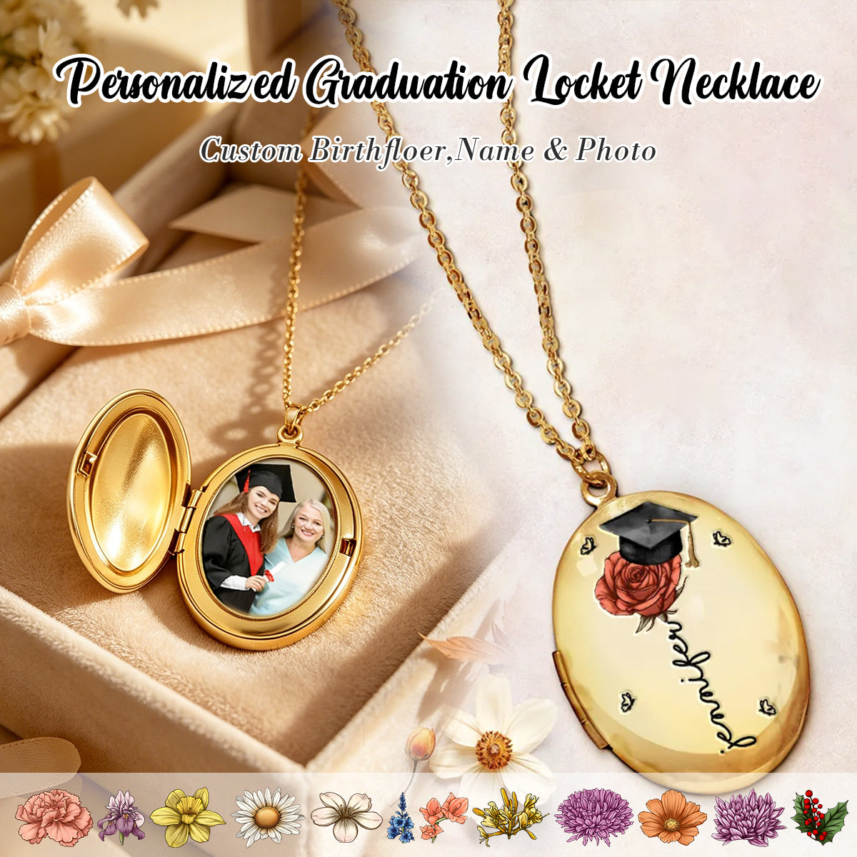 Bloom with Every Memory – Personalized Graduation Gift Birth Flower Custom Photo Locket Necklace