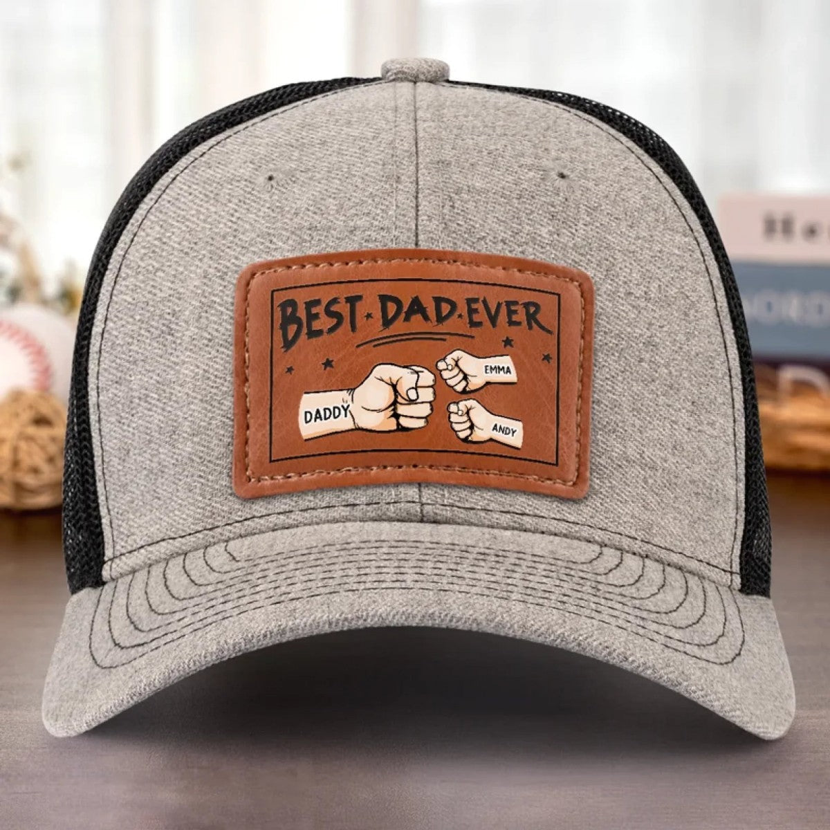 Best Dad Ever - Family Personalized Custom Leather Patch Hat - Gift For Father Grandpa
