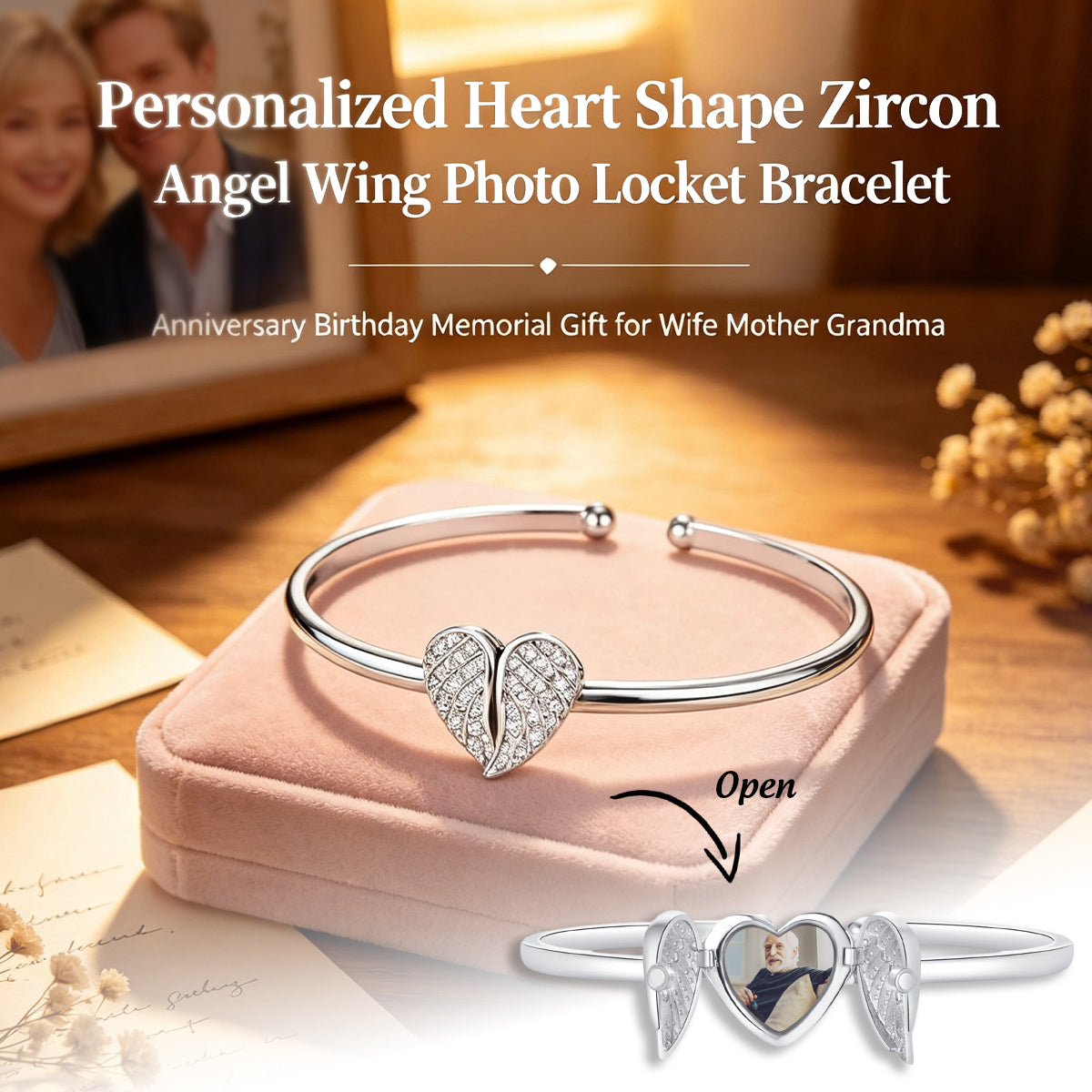 Personalized Heart Shape Zircon Angel Wing Photo Locket Bracelet Anniversary Birthday Memorial Gift for Wife Mother Grandma